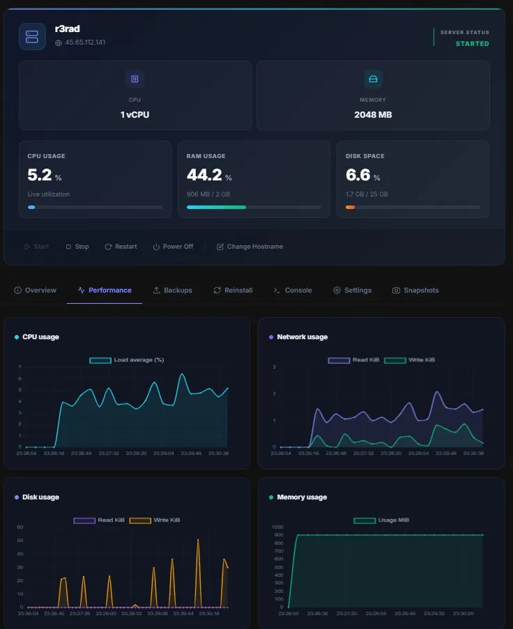 CloudVPS kontrolpanel — server-overblik, ressourcer og live ydelsesgrafer
